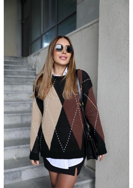 Kahve Baklava Desen Oversize Triko - Kahve modelleri