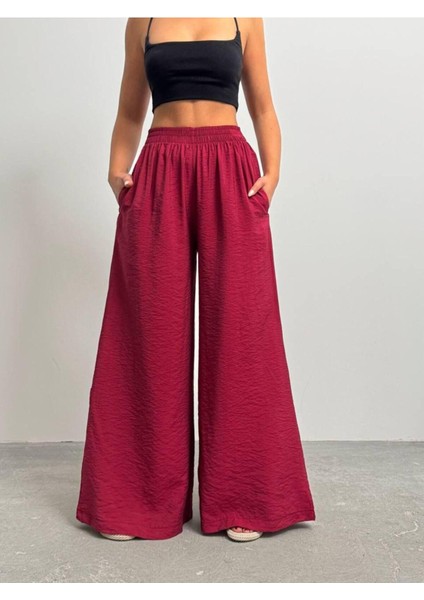 Kadın Siyah Bol Paça Dökümlü Modal Pantolon - Bordo