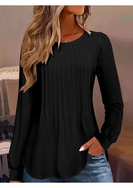 Cottonlab Kadın Uzun Kollu Yuvarlak Yaka Nervürlü Bluz