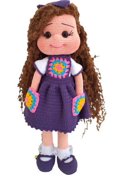 El Yapımı Mor Elbiseli Kıvırcık Saçlı Motif Bebek