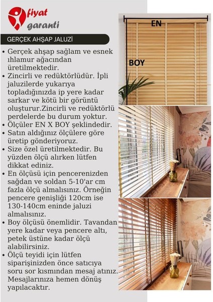 Krem Renk Gerçek Ahşap Jaluzi 50MM Zincirli Redüktörlü Kurdelalı AJS1005