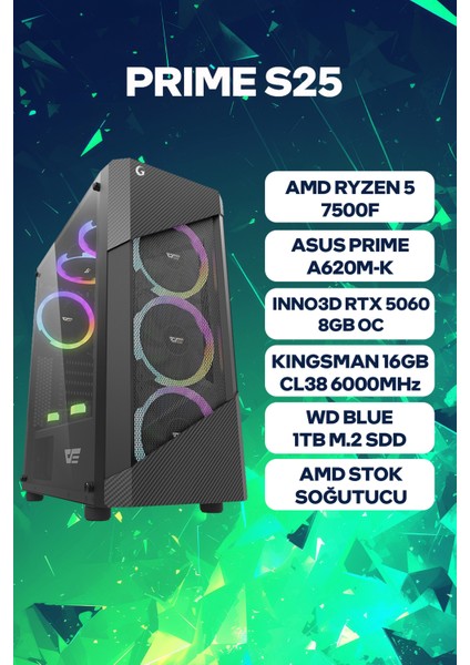 Prime S25 Amd Ryzen 5 7500F 16GB Ram 1tb SSD RTX5060 Freedos Oyuncu Oem Paket fiyatları