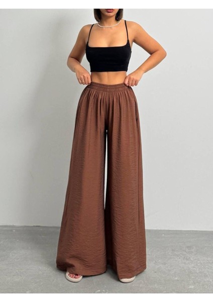 Kadın Siyah Bol Paça Dökümlü Modal Pantolon - Kahverengi