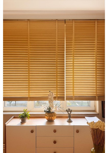 Meşe Renk Gerçek Ahşap Jaluzi 50MM Zincirli Redüktörlü Kurdelalı AJS1006