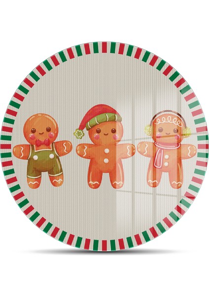 Cam Kesme Tahtası ve Sunumluk Yuvarlak Gingerbread Yeniyıl Kurabiye Desenli 30 x 30 cm