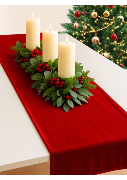 Kadife Dokulu Kırmızı Renk Yıl Başı Temalı Runner Daily Series 40 X 140