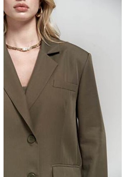 Clara Haki Blazer Kadın Ceket Yaka Casual Dokuma Cepli Regular Kalıp