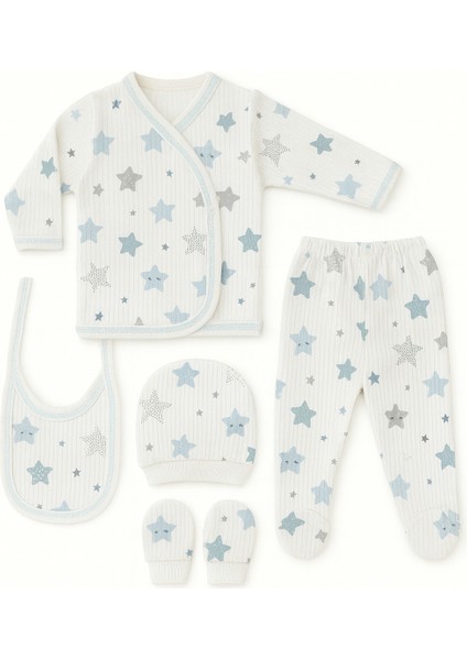 %100 Pamuklu 5 Parça Hastane Çıkışı Seti – Bebek Zıbın Takımı, Şapka, Önlük, Eldiven