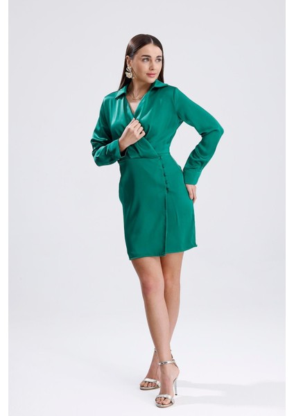 Kadın Yeşil Kruvaze Yaka Gömlek Tarzı Parlak Saten Mini Elbise Uzun Kollu Abiye Elbise Yılbaşı modelleri