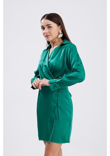 Kadın Yeşil Kruvaze Yaka Gömlek Tarzı Parlak Saten Mini Elbise Uzun Kollu Abiye Elbise Yılbaşı fırsatları