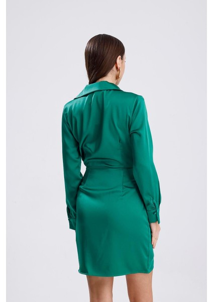 Kadın Yeşil Kruvaze Yaka Gömlek Tarzı Parlak Saten Mini Elbise Uzun Kollu Abiye Elbise Yılbaşı indirimleri