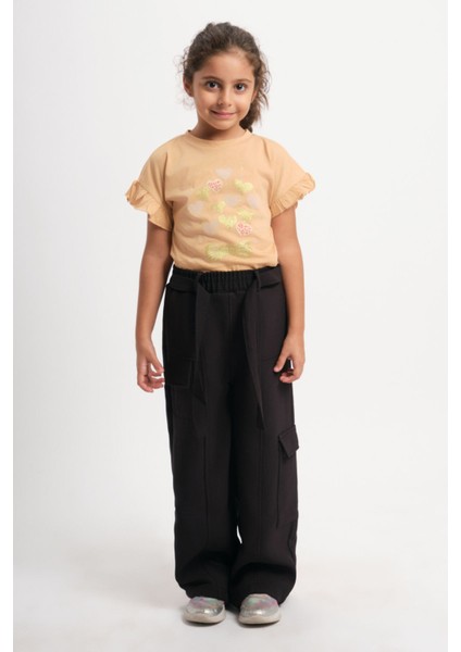 Geniş Paça Lastik Belli Kemerli Cepli Kız Çocuk Pantolon