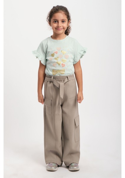 Geniş Paça Lastik Belli Kemerli Cepli Kız Çocuk Pantolon
