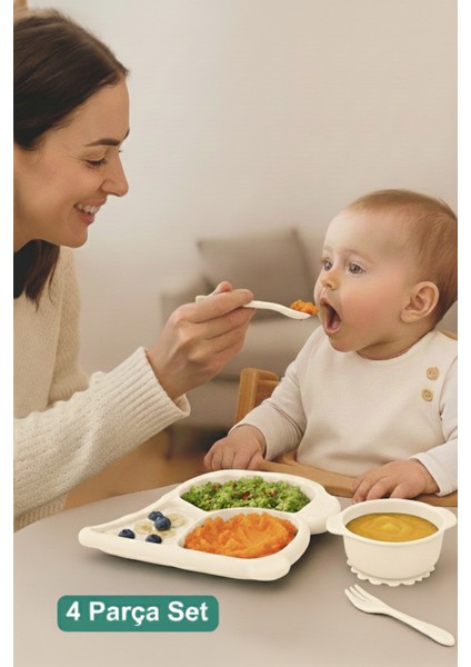 Dino Mama Seti - Tabak Çerezlik ve Çatal Kaşık - Bebek Yemek Kabı - Dinozor Çocuk Tabak Seti