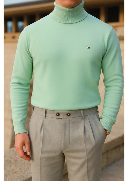 Erkek Trend Kışlık Boğazlı Mint Triko Kazak