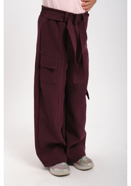 Geniş Paça Lastik Belli Kemerli Cepli Kız Çocuk Pantolon