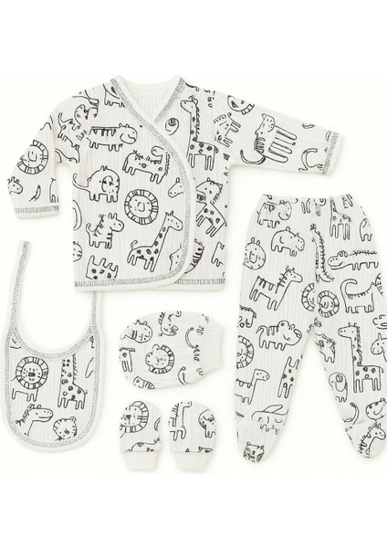 %100 Pamuklu 5 Parça Hastane Çıkışı Seti – Bebek Zıbın Takımı, Şapka, Önlük, Eldiven