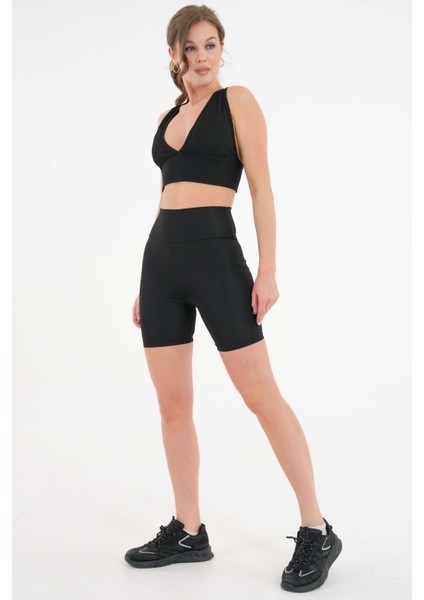 Siyah Toparlayıcı Etkili Yüksek Bel Günlük ve Spor Kısa Tayt - Siyah