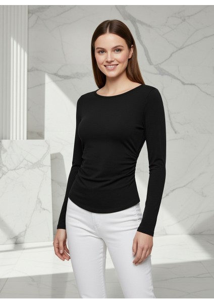 Beli Büzgülü Siyah Viskon Fit Bluz modelleri