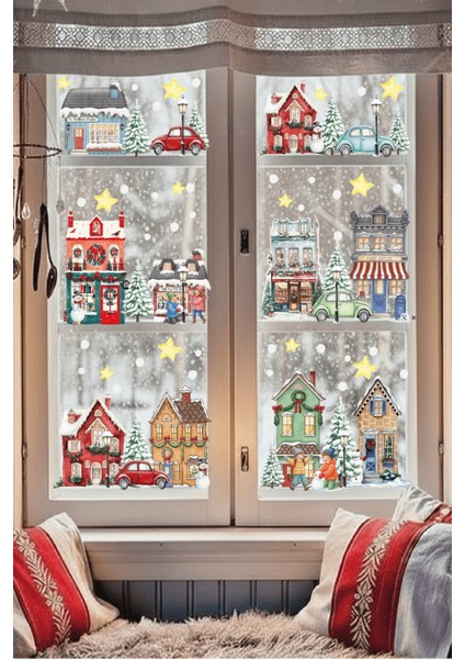 Yılbaşı Yeni Yıl Karlı Şehir Karlı Evler Cam Duvar Kapı Sticker Seti Özel Kesimli