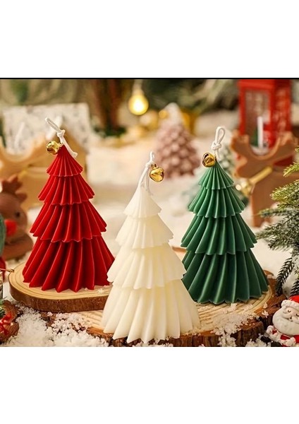 3’lü Çam Ağacı Şeklinde Yılbaşı Dekoratif Mum Seti – Kırmızı Beyaz Yeşil Mum