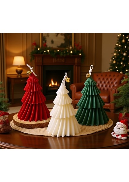 3’lü Çam Ağacı Şeklinde Yılbaşı Dekoratif Mum Seti – Kırmızı Beyaz Yeşil Mum fiyatları