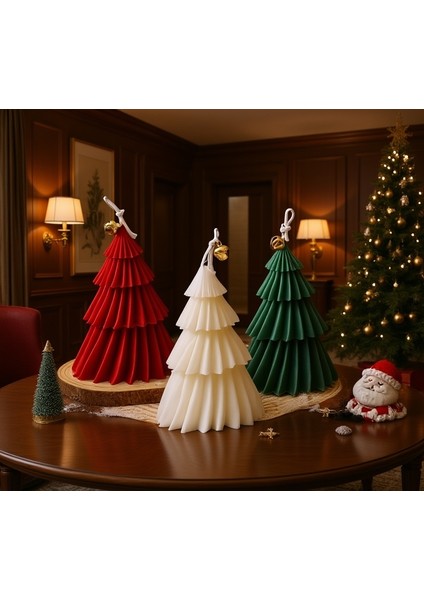 3’lü Çam Ağacı Şeklinde Yılbaşı Dekoratif Mum Seti – Kırmızı Beyaz Yeşil Mum fırsatları