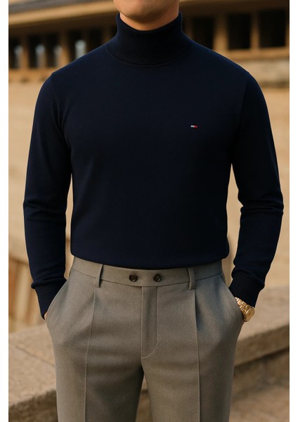Erkek Trend Kışlık Boğazlı Lacivert Triko Kazak