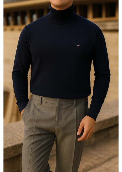 Erkek Trend Kışlık Boğazlı Lacivert Triko Kazak modelleri