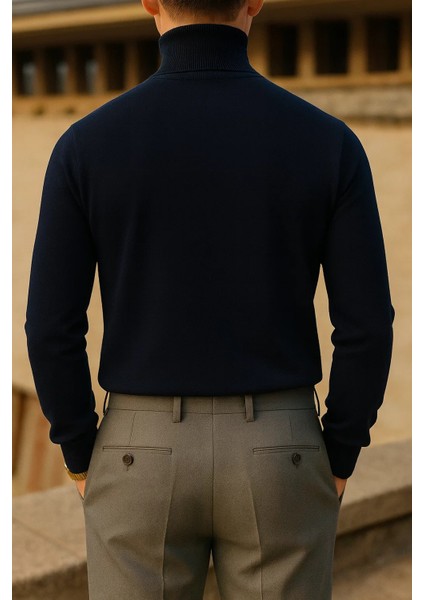 Erkek Trend Kışlık Boğazlı Lacivert Triko Kazak