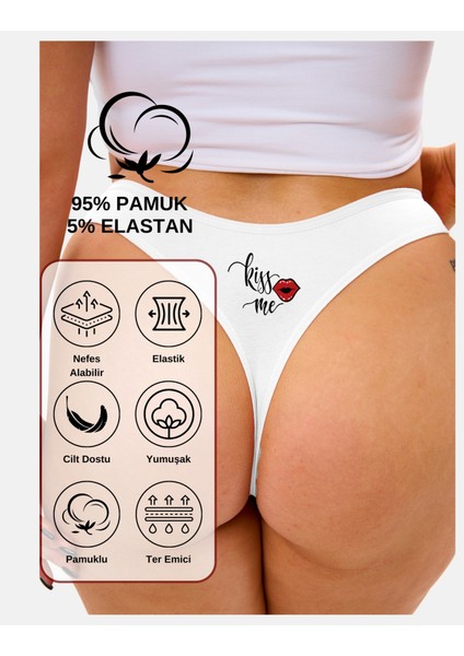 Yeni Yıl Temalı Baskılı String, Beyaz Tanga Külot (Kiss Me Baskılı) Tekli Paket, S modelleri
