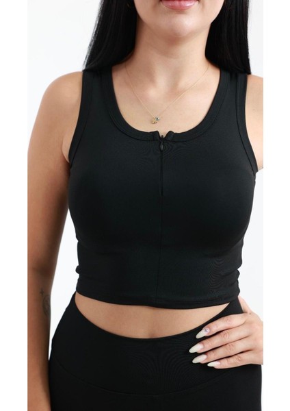Göğüs Dekolteli Fermuar Detaylı Fit Vücut Hatlarını Belirginleştiren Siyah Atlet Crop - Siyah fiyatları