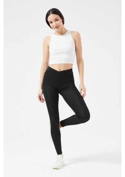 Yüksek Çapraz Bel Tayt - Siyah fırsatları