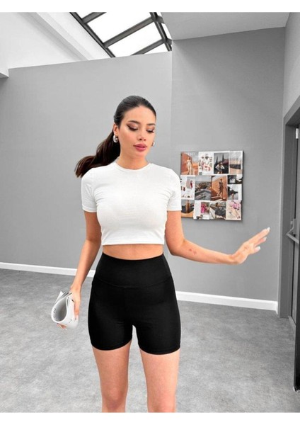 Kadın Dalgıç Kumaş Toparlayıcı Yüksek Bel Çok Amaçlı Biker Şort Tayt - Siyah modelleri