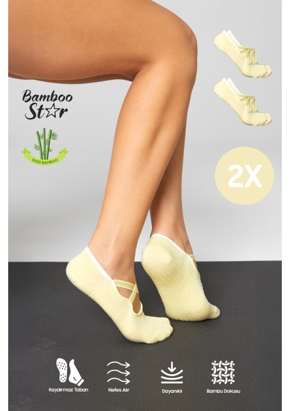Bambu Kadın Sarı Kaydırmaz Taban Silikon Baskı Pilates Yoga Fitness Dans Aktivite Babet Çorabı 2’li