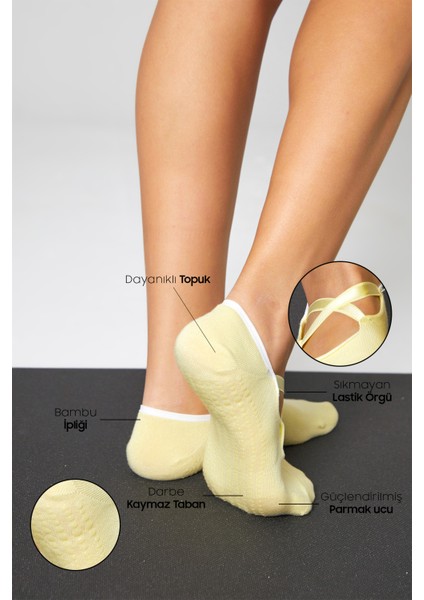 Bambu Kadın Sarı Kaydırmaz Taban Silikon Baskı Pilates Yoga Fitness Dans Aktivite Babet Çorabı 2’li fiyatları