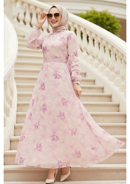 Çiçek Desenli Gül Kurusu Tesettür Elbise 279919GK fırsatları