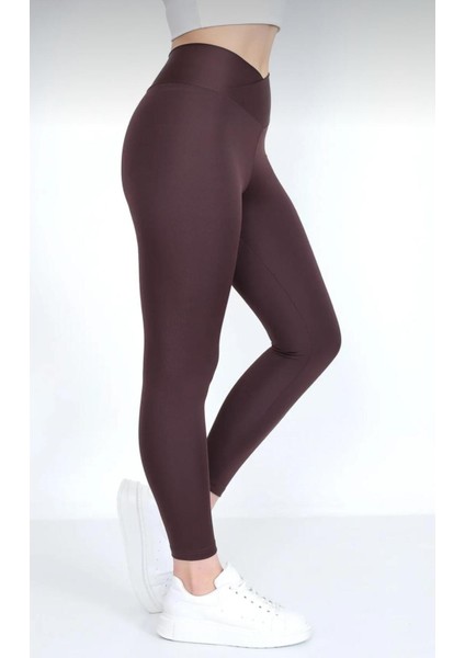 Kadın Toparlayıcı Etkili Yüksek Bel Çapraz Kemer Tayt - Kahverengi modelleri