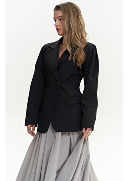 Briella Kadın Siyah Blazer Ceket Dokuma Kumaş Belden Oturtmalı Casual Stil