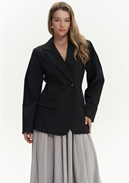 Briella Kadın Siyah Blazer Ceket Dokuma Kumaş Belden Oturtmalı Casual Stil