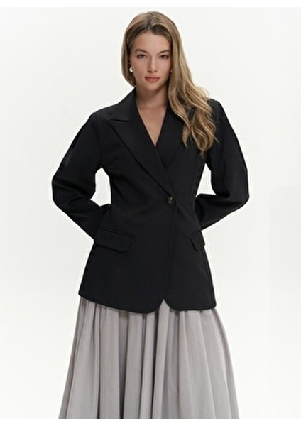 Briella Kadın Siyah Blazer Ceket Dokuma Kumaş Belden Oturtmalı Casual Stil