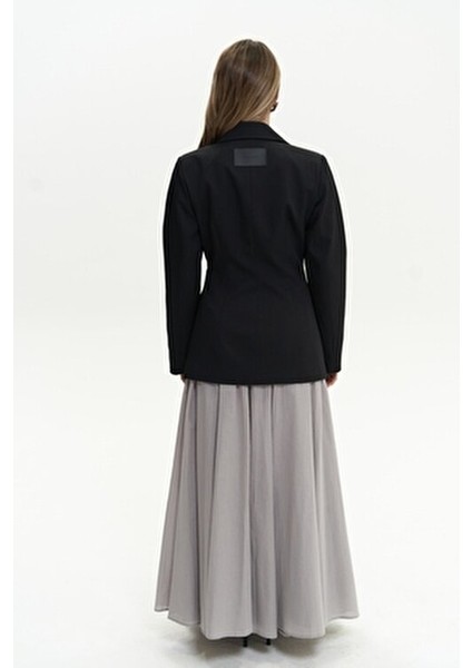 Briella Kadın Siyah Blazer Ceket Dokuma Kumaş Belden Oturtmalı Casual Stil