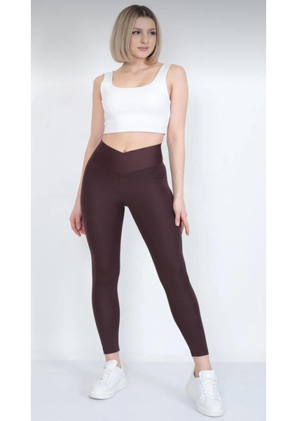 Kadın Toparlayıcı Etkili Yüksek Bel Çapraz Kemer Tayt - Kahverengi fırsatları