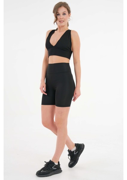 Siyah Toparlayıcı Etkili Yüksek Bel Günlük ve Spor Kısa Tayt - Siyah indirimleri