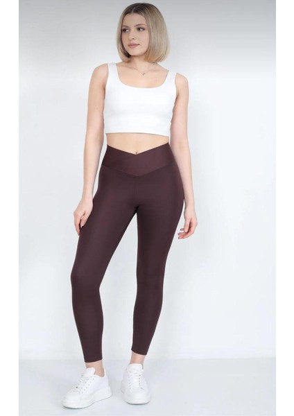 Kadın Toparlayıcı Etkili Yüksek Bel Çapraz Kemer Tayt - Kahverengi indirimleri