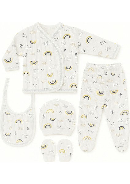 %100 Pamuklu 5 Parça Hastane Çıkışı Seti – Bebek Zıbın Takımı, Şapka, Önlük, Eldiven