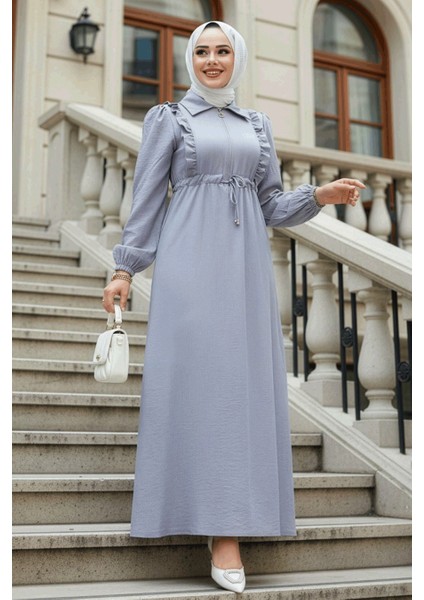 Fermuarlı Gri Tesettür Elbise 17021GR indirimleri