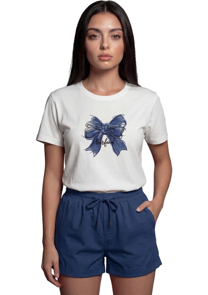 ''borfend'' Sanatsal Mavi Fiyonk Baskılı %100 Pamuk Rahat Kesim Premium Kadın Tişört