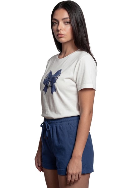 ''borfend'' Sanatsal Mavi Fiyonk Baskılı %100 Pamuk Rahat Kesim Premium Kadın Tişört fiyatları