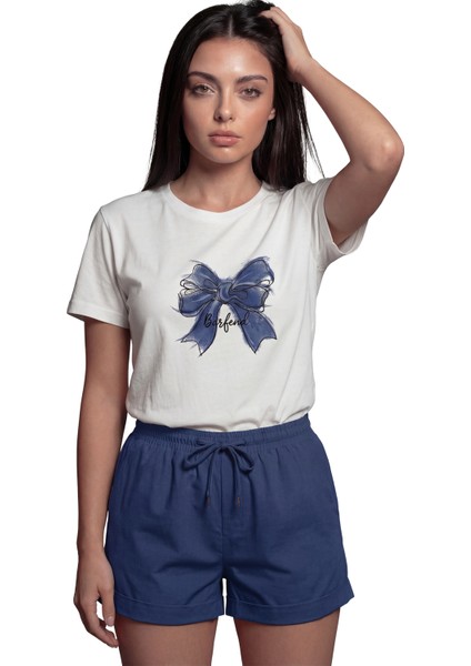 ''borfend'' Sanatsal Mavi Fiyonk Baskılı %100 Pamuk Rahat Kesim Premium Kadın Tişört fırsatları